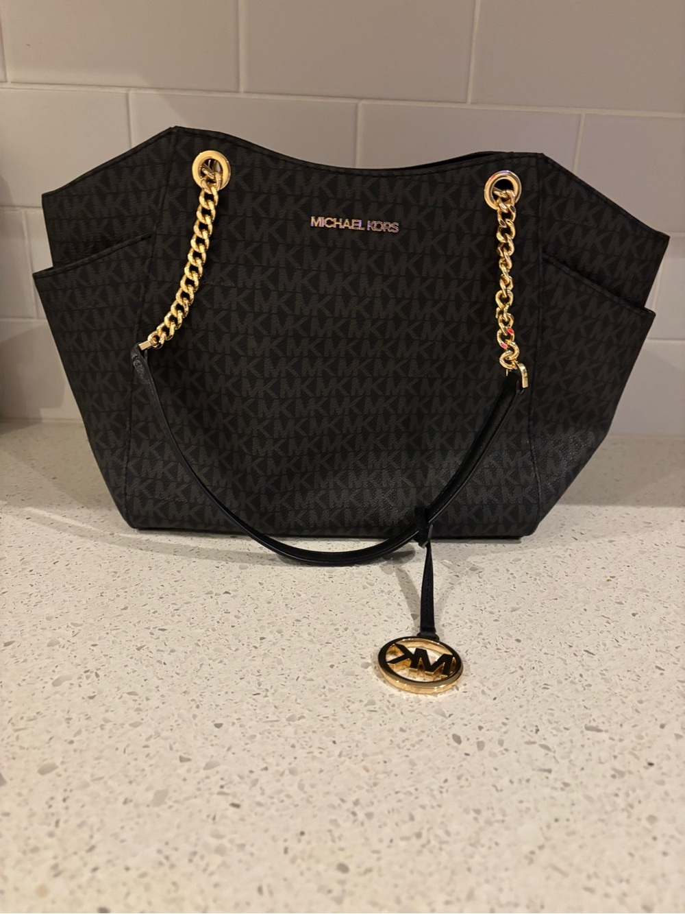 Michael Kors Black MK Logo Chain Tote with Gold Hardware